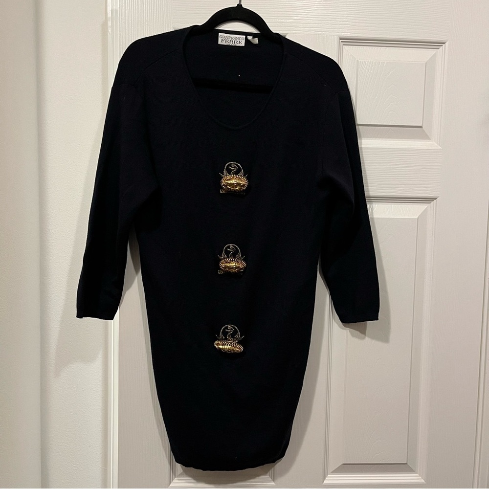 Gianfranco Ferre Black Sweater Dress with Gold Embellishments sz 10